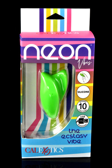 Ecstasy Vibe boxed on black backdrop—neon green silicone, IPX7 waterproof, USB rechargeable; wholesale-friendly front angle.
