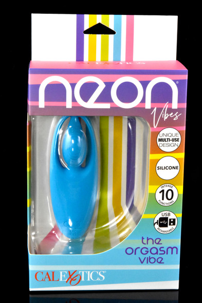 Neon Vibes The Orgasm Vibe boxed on black background; aqua silicone multi-use finger design, USB rechargeable, 10-function icon, wholesale front view.