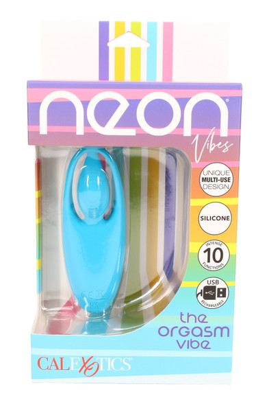 Aqua Neon Vibes The Orgasm Vibe in silicone, retail blister front; USB rechargeable with 10 functions, peg-ready box for wholesale wall displays.