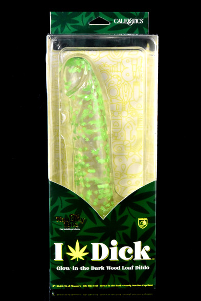 8" glow-in-the-dark weed leaf dildo, clear body in green-themed window box; suction base shown, peg-ready packaging for wholesale displays.