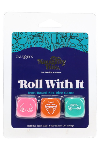 Naughty Bits Roll With It blister pack with 3 acrylic dice in pink, orange, teal—wholesale impulse add-on game