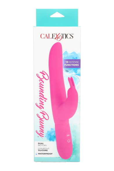 Pink Bounding Bunny silicone dual-motor vibrator, 4.25" length, waterproof; hang-tab box front for wholesale peg walls.