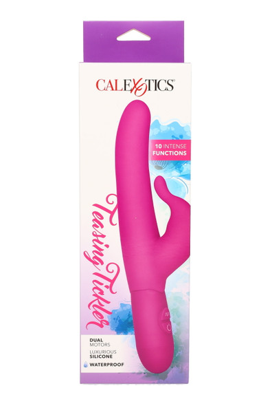 Teasing Tickler silicone dual-motor vibrator in retail packaging; waterproof 10-function design, front view for wholesale buyers.