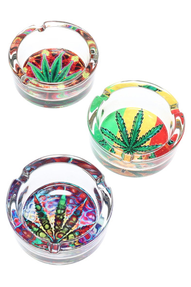 Wholesale set of three cannabis-leaf 3.25-inch tempered glass ashtrays, high-key angle highlighting color detail