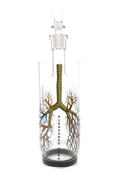 Limited-edition GRAV x Pleasures Gravitron 11" borosilicate gravity water pipe with lungs artwork; wholesale 18.8 mm bowl shown, clean studio front view.
