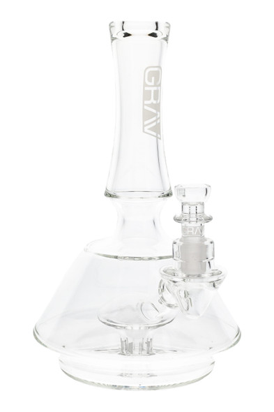 Wholesale 7.5 in GRAV Oracle water pipe, clear borosilicate with 14.5 mm female joint and mushroom perc, front angle on white background.