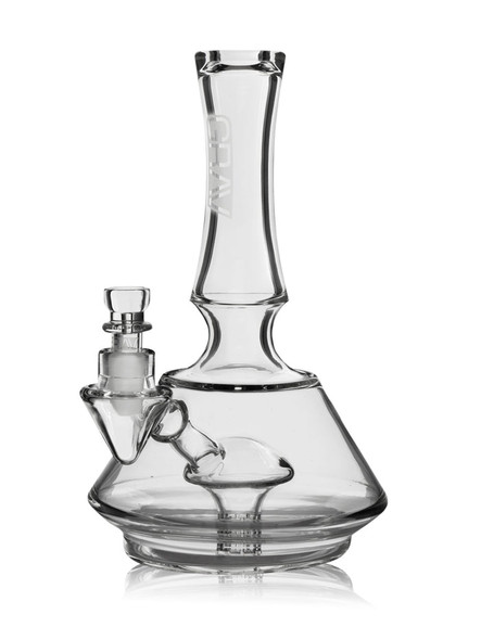 Clear GRAV water pipe with a flared neck, wide angular base, internal percolator, and side-mounted bowl.