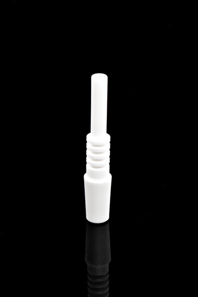 14.5 mm white ceramic dab straw nail, 3" length, front view on black with reflection; head-shop replacement part for concentrate kits.