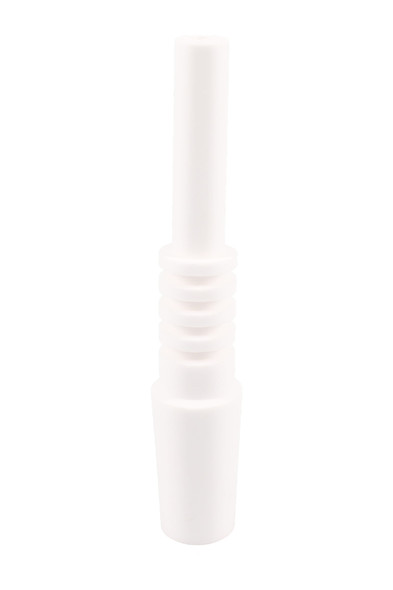 White 14.5 mm ceramic dab straw nail, approx. 3" long with male joint, straight front view on white; wholesale smoke shop replacement tip.