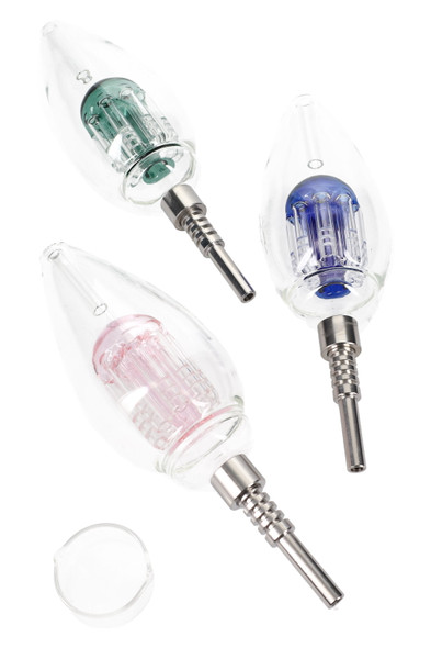 Three light-bulb glass dab straws with metal tips and wax tray, 7.5-inch size, green/blue/pink tree percs, wholesale head-shop kit, clean top-down white view.