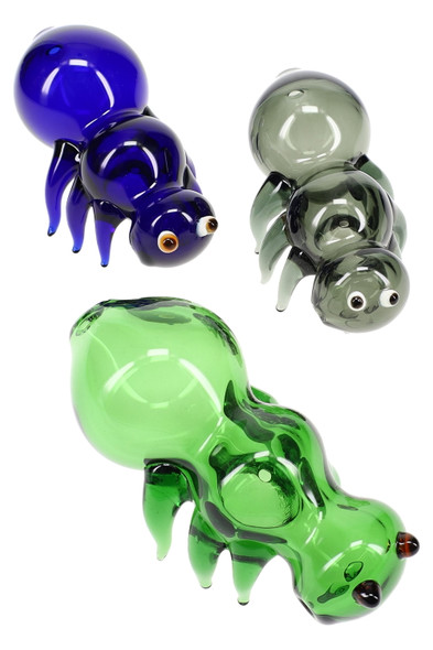 Wholesale 4.5" colored-glass bug pipes in assorted green, blue, and smoke variants, applied legs and eyes, overhead trio layout on white studio.