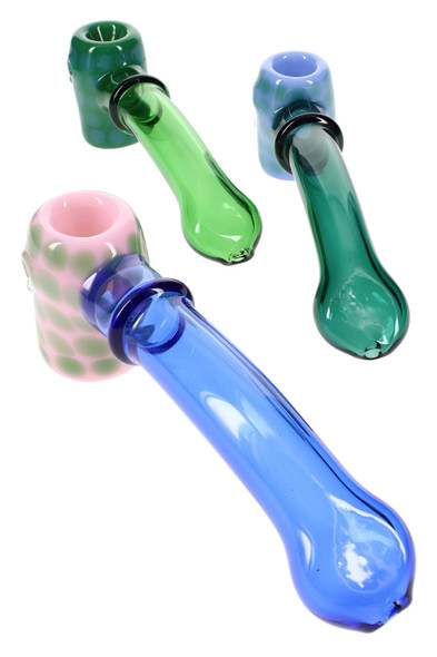 Trio of neon multicolor glass sherlock pipes with ring and marble accents, 6.5" length; assorted blue and green tints, wholesale head-shop showcase shot.