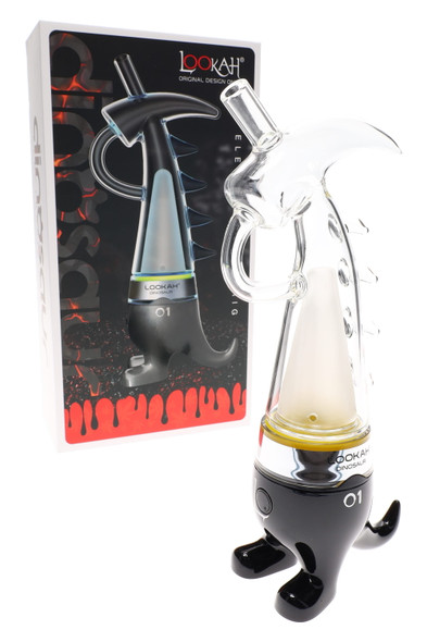 Lookah Dinosaur electronic dab rig with clear glass dinosaur top and glossy black base, product box behind
