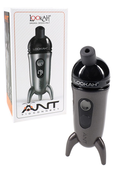 Gray Lookah Ant wax pen retail package; screen and 3 voltage icons shown; head-shop supplies listing photo, straight front view.