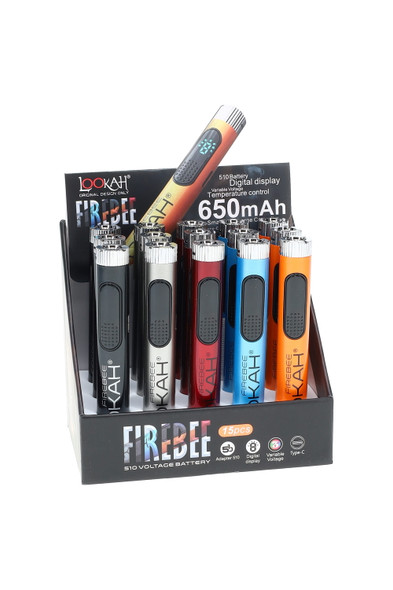 Lookah Firebee 15-piece 510 battery display with 650 mAh pens in black, gray, red, blue, orange; wholesale tray front view.