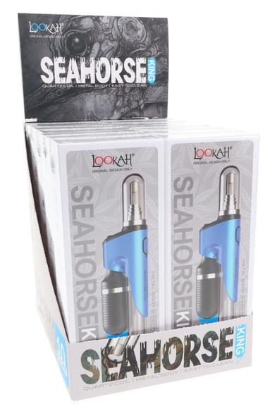 Seahorse King 10-count countertop display tray of boxed units; “SEAHORSE KING” header; wholesale POP, straight front view. Seahorse King 10-count countertop display tray of boxed units; “SEAHORSE KING” header; wholesale POP, straight front view.
