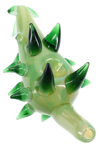 Head-shop wholesale 6-inch silver-fumed porcupine glass pipe, green variant with raised spike accents and bowl, angled close-up on white.