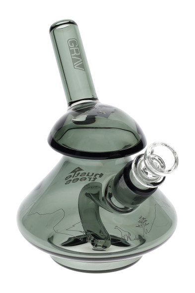 Smoke-gray GRAV x LRG Hustle Trees wobble bubbler with angled straw and 14 mm cup bowl, front-angle studio shot for wholesale smoke-shop buyers.