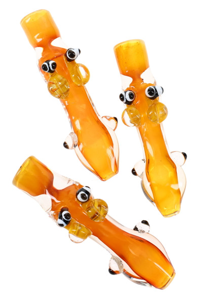 Wholesale gold-fumed 4 inch glass chillums with playful bee eyes and wings, color-changing clear borosilicate trio on white background.