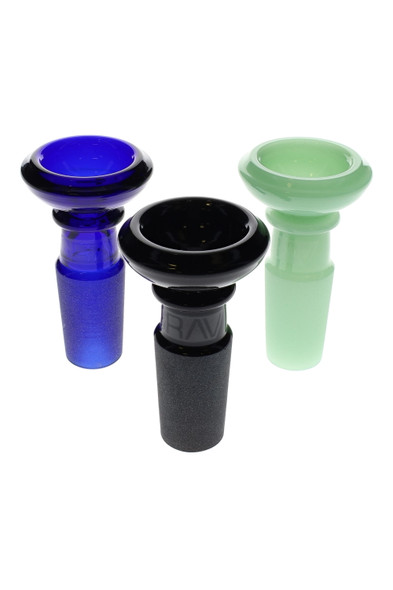 GRAV colored basin bowls in cobalt, black, and mint green; 14.5 mm male GoG joints, wide-lip design shown in trio studio view for head-shop wholesale.