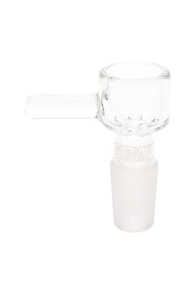Clear GRAV Octobowl with 14.5 mm male GoG joint and pull arm; integrated glass screen visible; premium replacement bowl for head-shop wholesale.