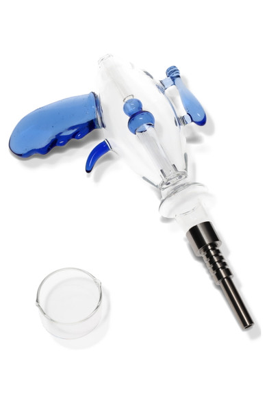 Ray gun–style glass dab straw kit with blue handles, metal tip, and quartz dish, 8-inch size, wholesale head-shop accessory, overhead studio view on white.