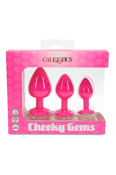 Cheeky Gems 3-plug silicone training set in hot pink, front-facing retail box with gem-base callouts for head-shop merchandising.