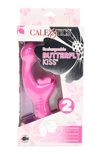 Pink silicone Butterfly Kiss vibrator in retail window box; USB rechargeable, waterproof, dual-motor, peg-ready for wholesale adult shops.
