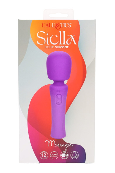 Liquid silicone wand massager with wide rounded head and flexible neck in retail box; USB-rechargeable, waterproof wholesale vibrator for boutiques.