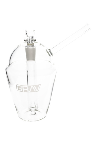 Clear GRAV slush cup bubbler with 14 mm female joint and angled straw mouthpiece, etched logo visible; wholesale head-shop glass, front angle on white.