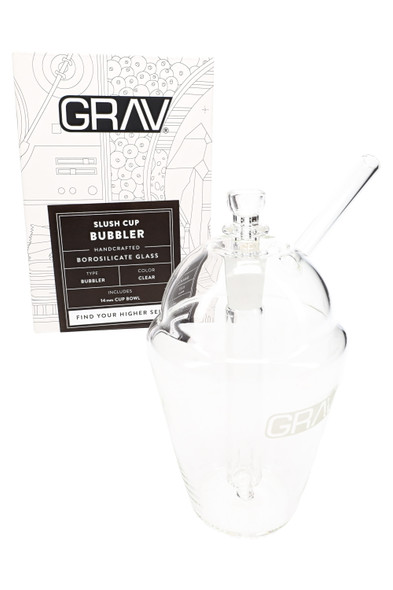GRAV slush cup bubbler posed with branded retail box, clear borosilicate and 14 mm cup bowl; compact showcase piece for smoke-shop buyers.