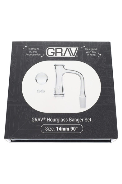 GRAV Hourglass Banger Set, 14 mm 90° clear quartz shown on retail box front—wholesale dab gear with bubble cap and pearls. GRAV Hourglass Banger Set, 14 mm 90° clear quartz shown on retail box front—wholesale dab gear with bubble cap and pearls.