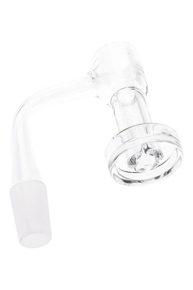 GRAV quartz slurper bucket, male joint model, wholesale dab accessory, angled studio view showing bottom-loading dish and airflow cuts.