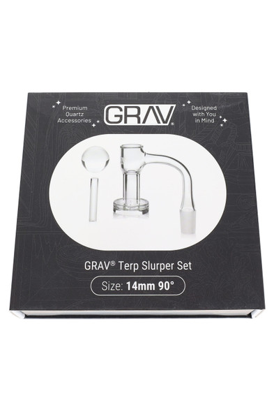 GRAV Terp Slurper Set box showing 14 mm 90° quartz banger, bubble cap, and pillar—smoke-shop wholesale kit, retail packaging front. GRAV Terp Slurper Set box showing 14 mm 90° quartz banger, bubble cap, and pillar—smoke-shop wholesale kit, retail packaging front.