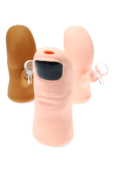 Silicone 6" thumb water pipes in tan and pink tones with 14.5 mm glass bowl; compact head-shop wholesale piece shown in grouped front angle.