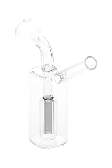 3" mini clear glass oil burner rig with gray perc insert, side view—compact wholesale head-shop piece for space-saving counter displays.