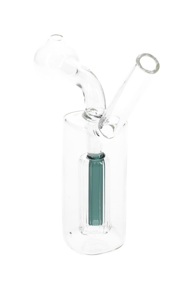 3" mini clear glass oil burner rig showing teal percolator core, front three-quarter angle—ideal wholesale smoke shop assortment.
