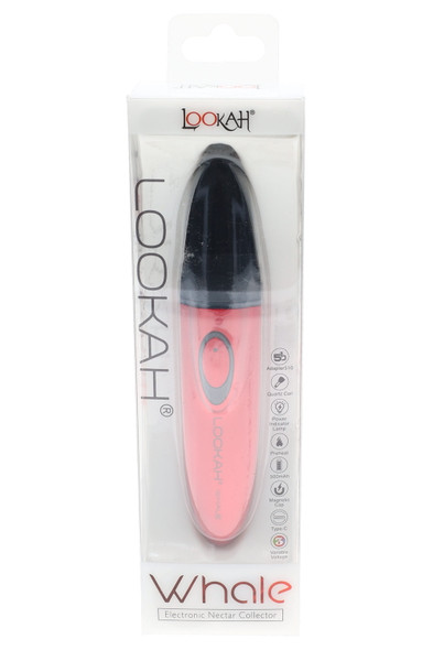 Red Lookah Whale dab straw boxed with window; power indicator and USB-C badges visible; head-shop supplies front studio view.
