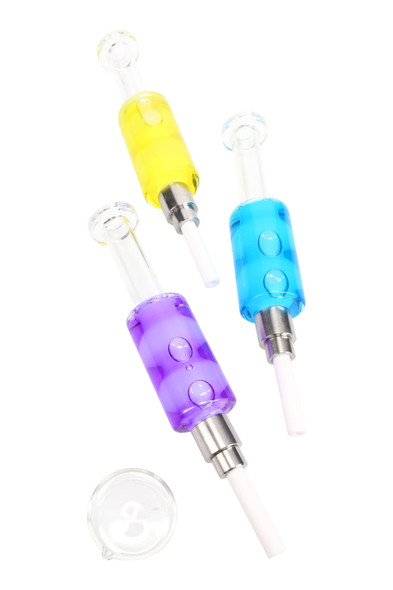 7" fluid-filled dab straws in purple, yellow and blue with screw-on ceramic tips; quartz dish shown, wholesale head-shop kit on white.