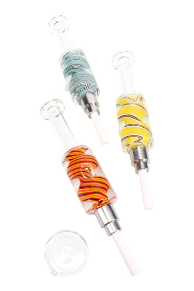 Freezable fluid-filled glass dab straw kit, reverse swirl bodies in blue, yellow, and orange with ceramic tip and quartz dish; wholesale studio angle.