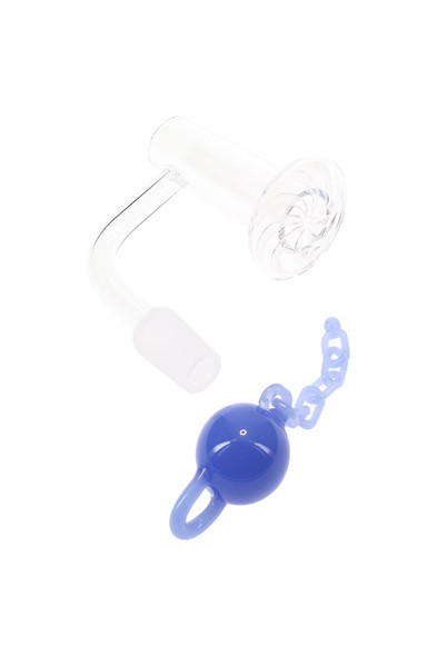 Wholesale 14.5 mm quartz terp slurper banger with blue 22 mm ball-and-chain bead, domeless clear design, front angled photo for retailers.
