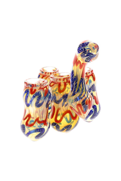 6.5" color-changing quad-chamber sherlock with red squiggle stripes and blue cane work, group shot on white for wholesale buyers. 6.5" color-changing quad-chamber sherlock with red squiggle stripes and blue cane work, group shot on white for wholesale buyers.
