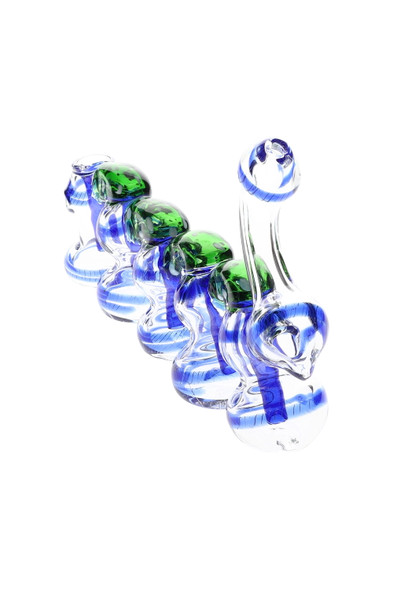 Clear five-chamber sherlock bubbler with blue striped stems and green dot caps, 9" length, wholesale head-shop glass shown front angle on white. Clear five-chamber sherlock bubbler with blue striped stems and green dot caps, 9" length, wholesale head-shop glass shown front angle on white.