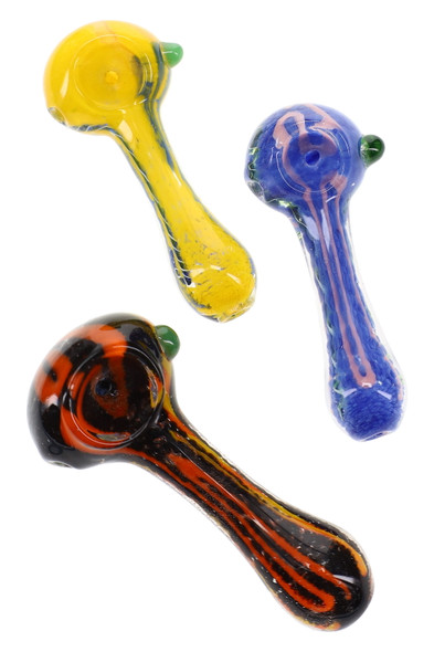 Assorted 4" colorful squiggle striped frit glass spoon pipes in yellow, blue, green, and black color combinations displayed together