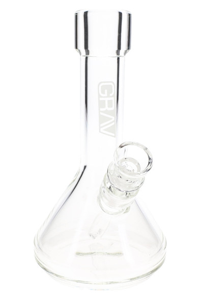 Clear 6" GRAV mini beaker for head-shop supplies, compact borosilicate water pipe with 10 mm bowl in front view
