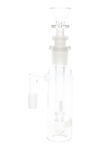 GRAV 14.5 mm standard ash catcher showing frosted joints and removable downstem, clear glass, retail smoke-shop supply, side angle on white.