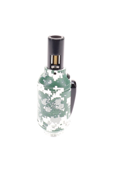 Wholesale Special Blue Grenade Pixels torch lighter, green digital camo; single close-up with ignition head and side lever.