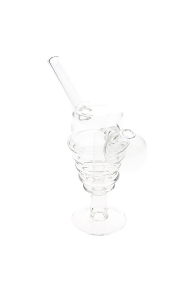5.5" clear glass sundae-cup oil burner rig on pedestal base, angled detail—head-shop supplies photo for wholesale catalog listings.