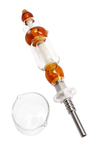 Colored glass dab straw kit showing 14.5 mm female joint, stainless tip, keck clip, and glass tray, retail smoke gear, amber accents, overhead studio view.