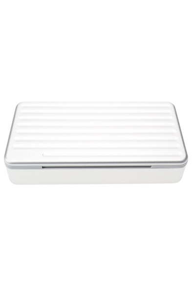 Front view of closed Puffco Travel Case, pearl silver aluminum body sized 7.6 × 3.5 × 1.7 in for wholesale.